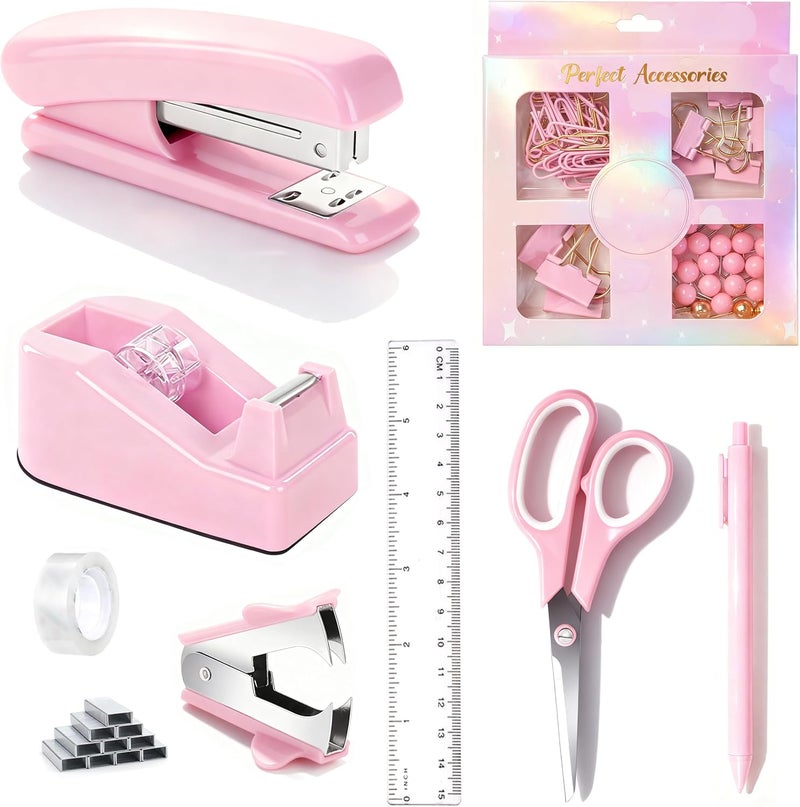 Dimonluce Pink Desk Accessories, Pink Office Supplies Accessories with Tape Dispenser, Stapler, Staple Remover, 1000 Staples, Tape, Clips Set, Ruler, Scissor, Pen - Image 1